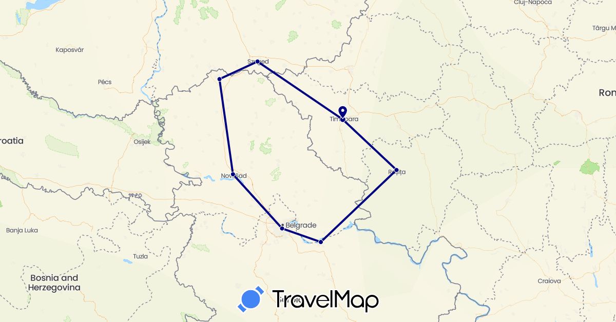 TravelMap itinerary: driving in Hungary, Romania, Serbia (Europe)